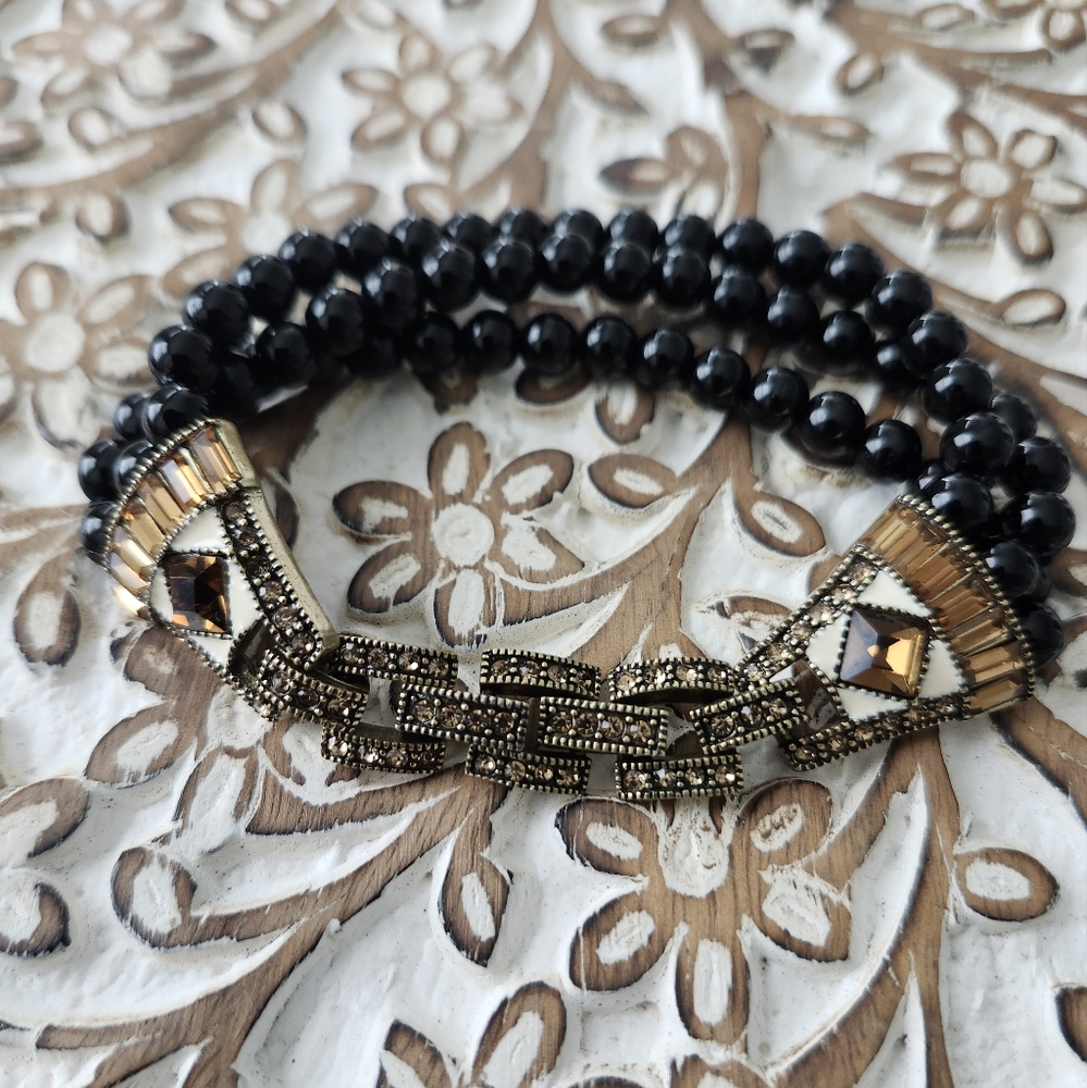 Elegant Black and Gold Beaded Bracelet Signed Heidi Daus